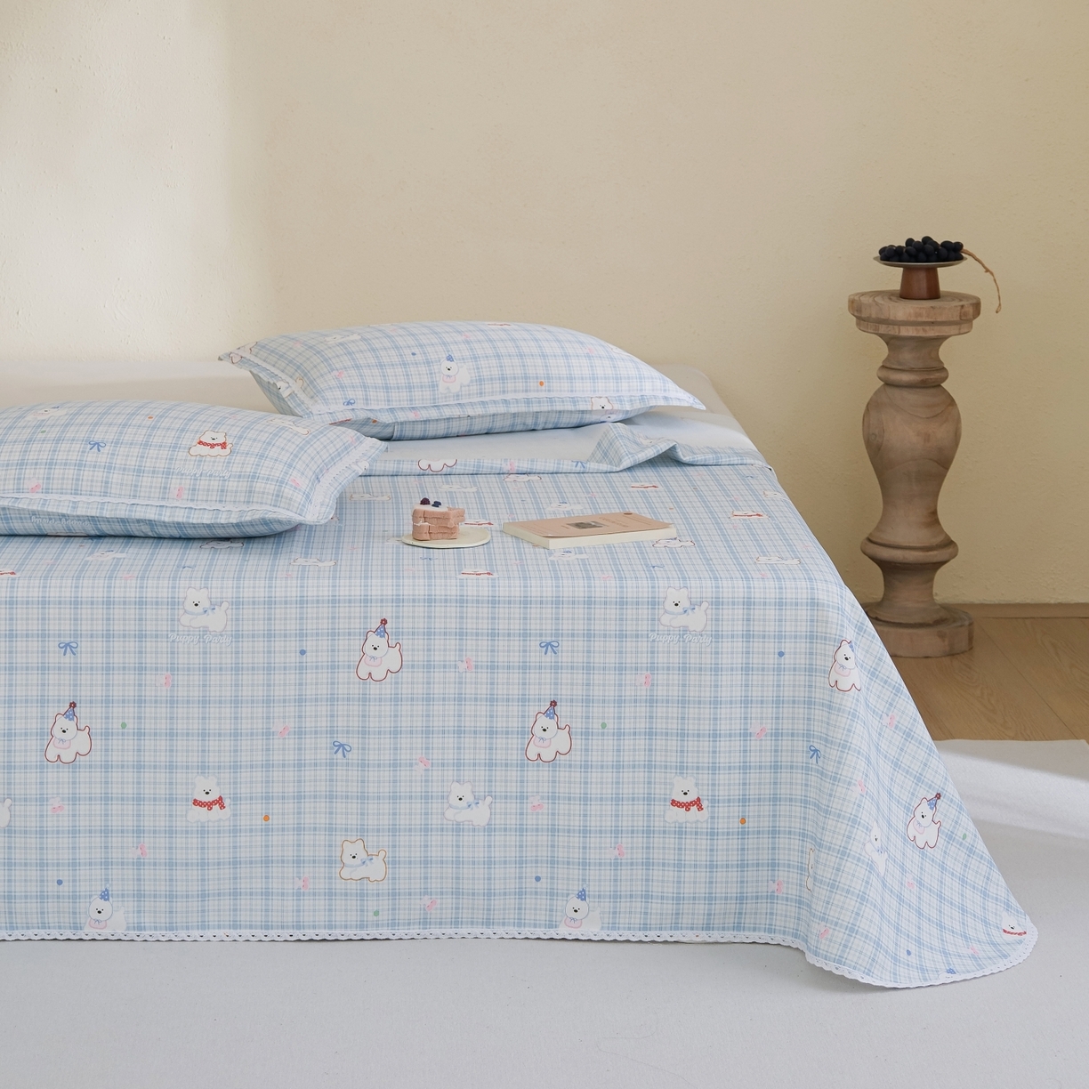 91家纺网 家纺一手货源 找家纺 慕绸家纺（原萌宝老粗布厂家） 2026新款原棉细纱工艺款亲肤柔软老粗布床单凉席席子春夏热门款-直播热卖圆角花边款 甜格派对