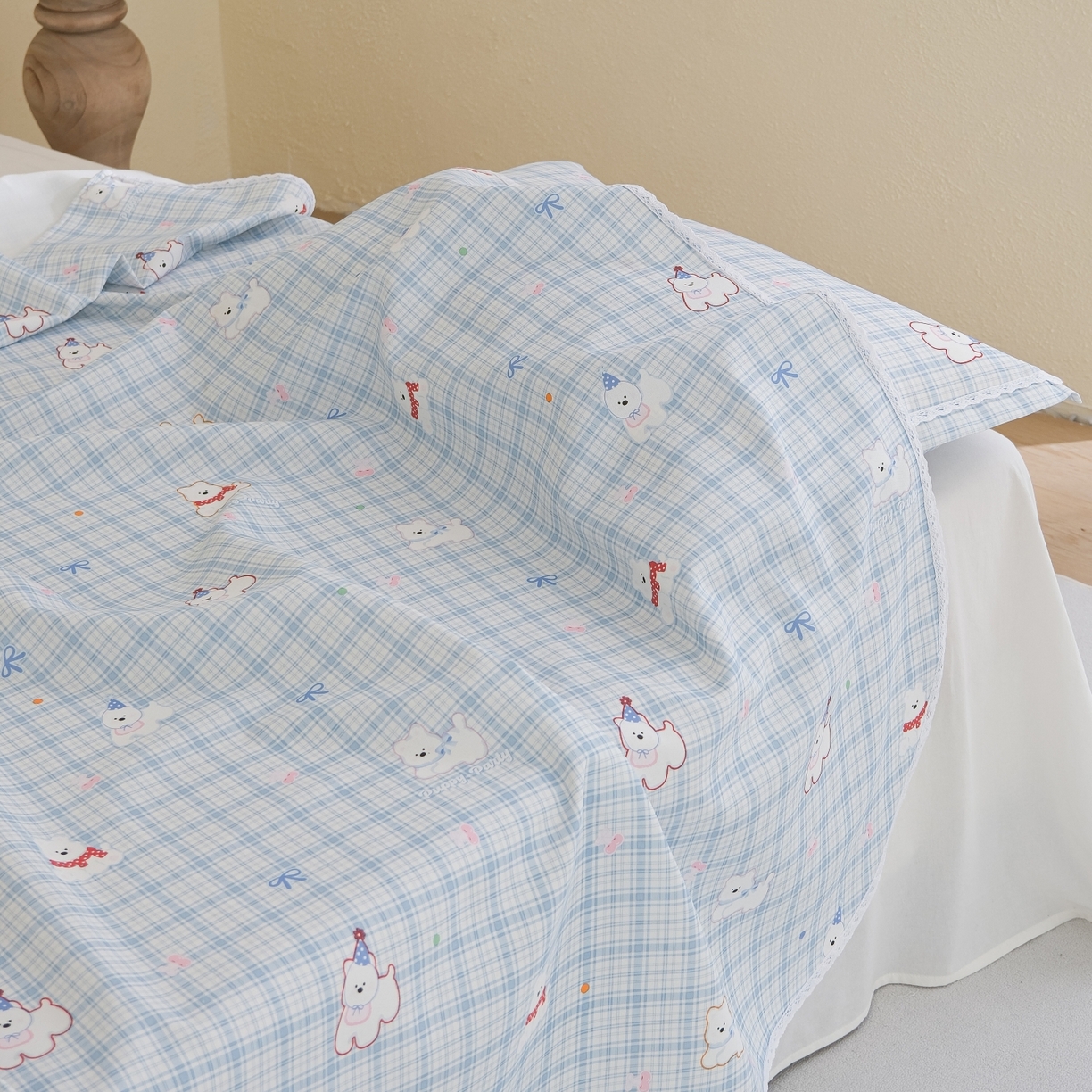 91家纺网 家纺一手货源 找家纺 慕绸家纺（原萌宝老粗布厂家） 2026新款原棉细纱工艺款亲肤柔软老粗布床单凉席席子春夏热门款-直播热卖圆角花边款 甜格派对