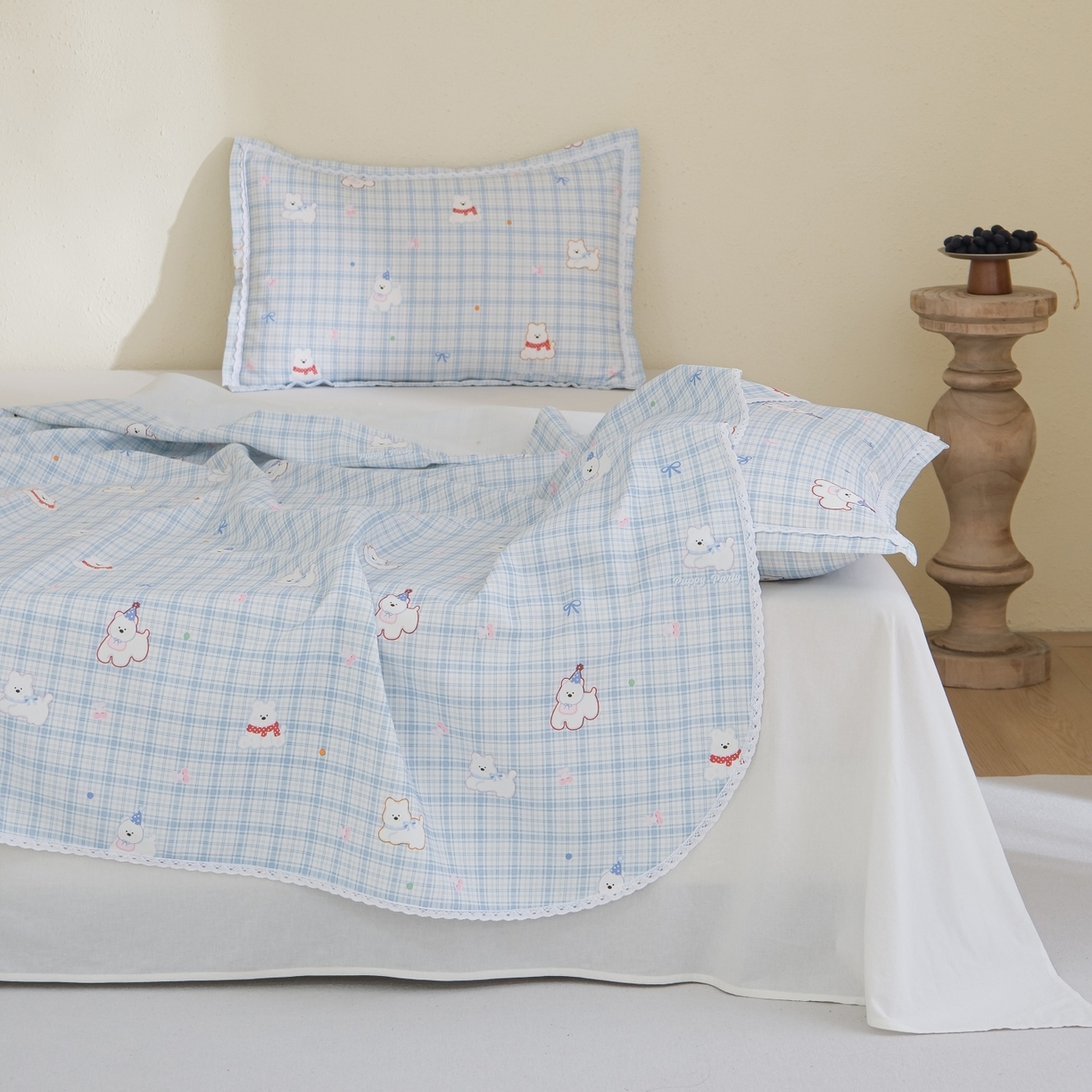 91家纺网 家纺一手货源 找家纺 慕绸家纺（原萌宝老粗布厂家） 2026新款原棉细纱工艺款亲肤柔软老粗布床单凉席席子春夏热门款-直播热卖圆角花边款 甜格派对