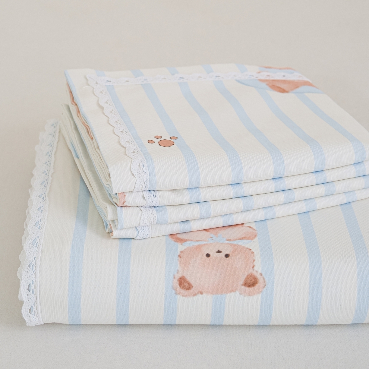 慕绸家纺（原萌宝老粗布厂家） 2026新款原棉细纱工艺款亲肤柔软老粗布床单凉席席子春夏热门款-直播热卖圆角花边款 晚安熊