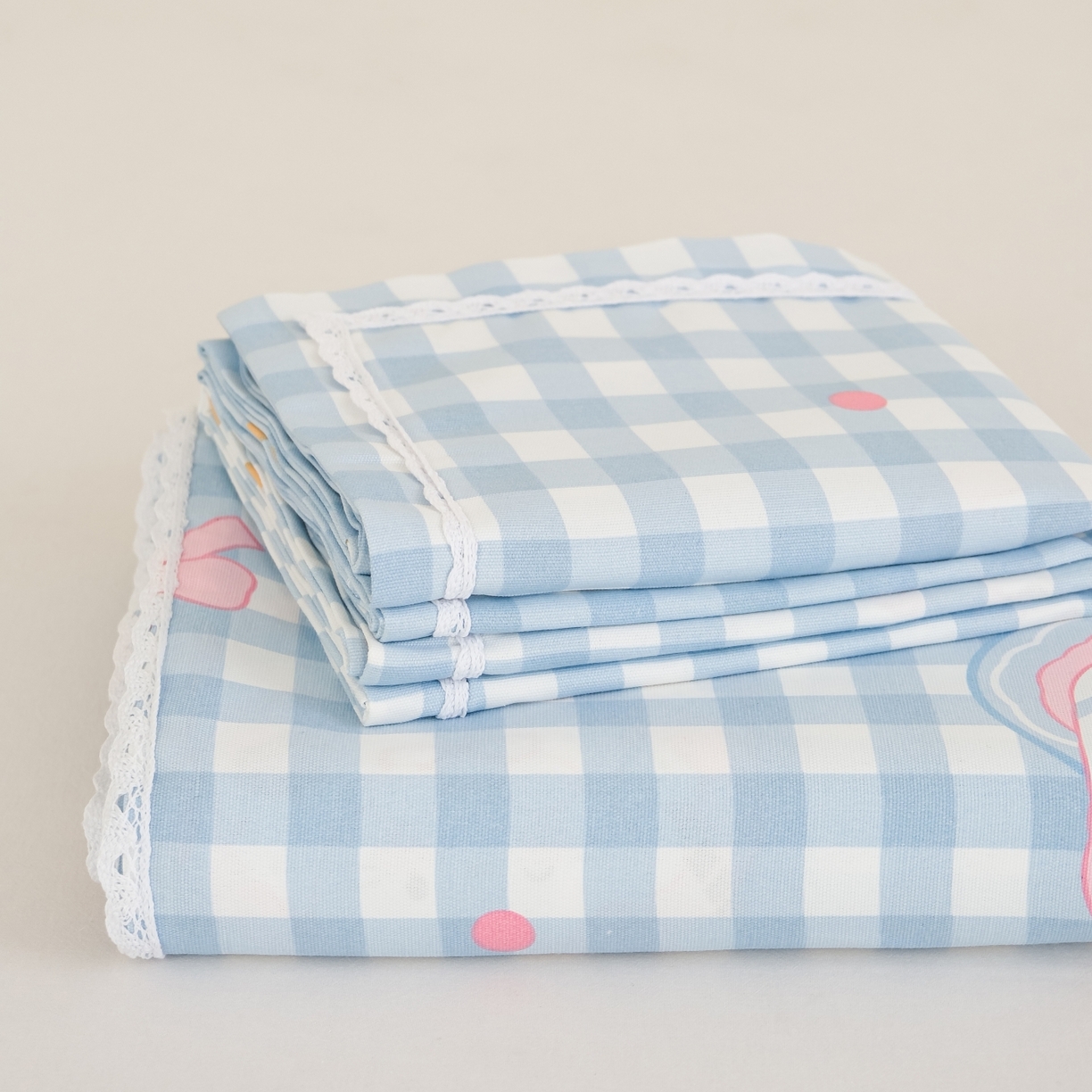 慕绸家纺（原萌宝老粗布厂家） 2026新款原棉细纱工艺款亲肤柔软老粗布床单凉席席子春夏热门款-直播热卖圆角花边款 KT蛋糕