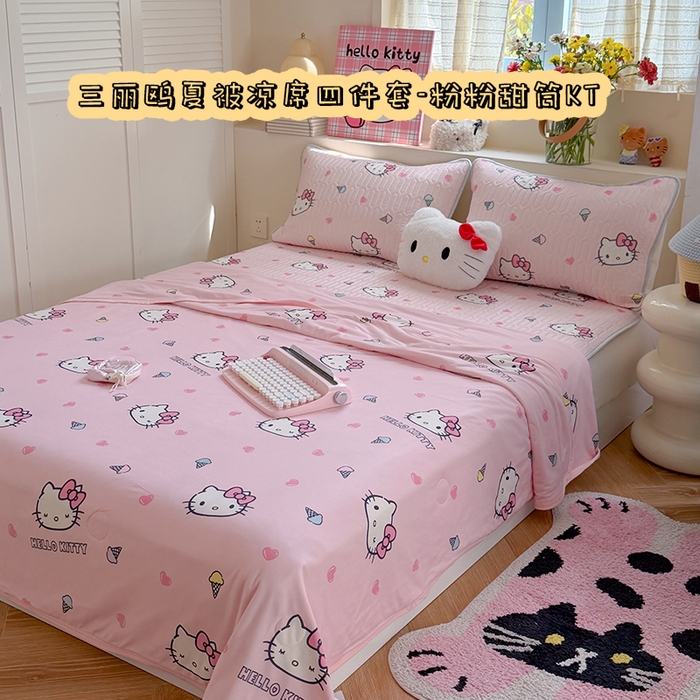 桃子家居 2026新款A类三丽鸥高品质可组合凉感丝乳胶席牛奶丝针织棉软糯夏被四件套 三丽鸥夏凉-粉粉甜筒KT
