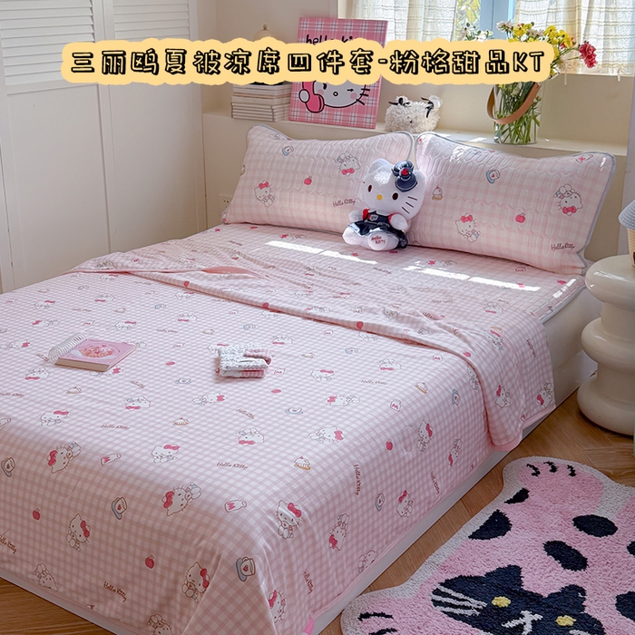 桃子家居 2026新款A类三丽鸥高品质可组合凉感丝乳胶席牛奶丝针织棉软糯夏被四件套 三丽鸥夏凉-粉格甜品KT