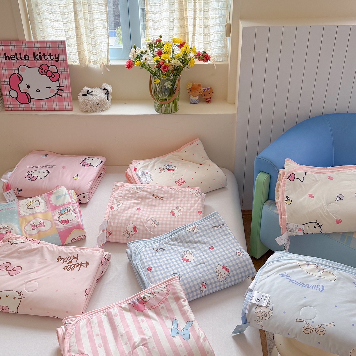 91家纺网 家纺一手货源 找家纺 桃子家居 2026新款A类三丽鸥高品质可组合凉感丝乳胶席牛奶丝针织棉软糯夏被四件套 组合图