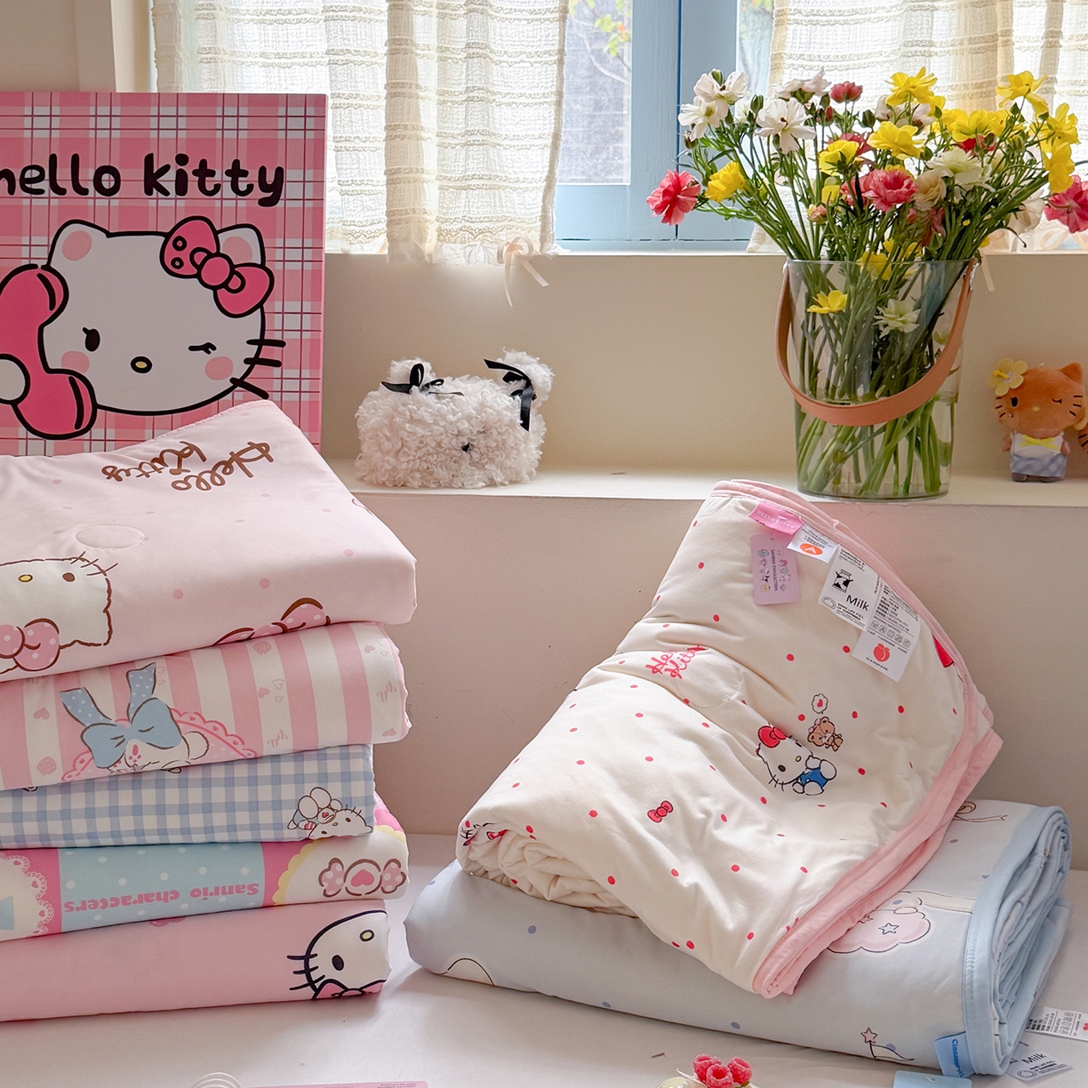 91家纺网 家纺一手货源 找家纺 桃子家居 2026新款A类三丽鸥高品质可组合凉感丝乳胶席牛奶丝针织棉软糯夏被四件套 组合图