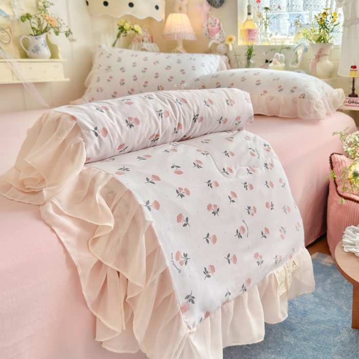 港岛妹妹 2026新款雪纺花边夏被夏凉被空调被 薄雾玫瑰