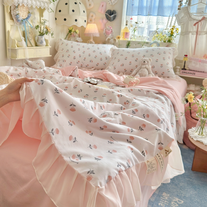 91家纺网 家纺一手货源 找家纺 港岛妹妹 2026新款雪纺花边夏被夏凉被空调被 薄雾玫瑰