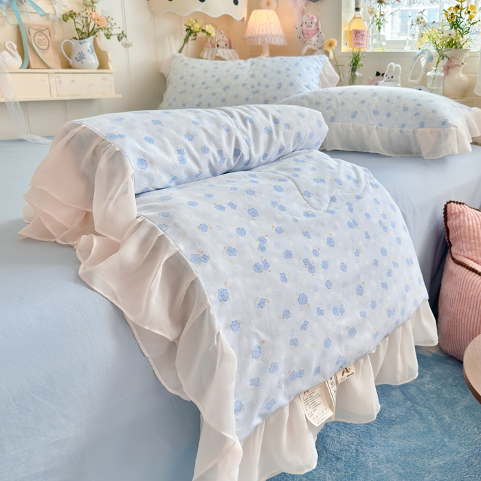 港岛妹妹 2026新款雪纺花边夏被夏凉被空调被 粉黛-浅蓝