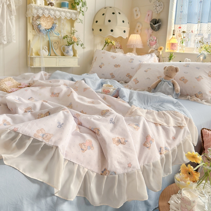 91家纺网 家纺一手货源 找家纺 港岛妹妹 2026新款雪纺花边夏被夏凉被空调被 蓝仔小熊-粉