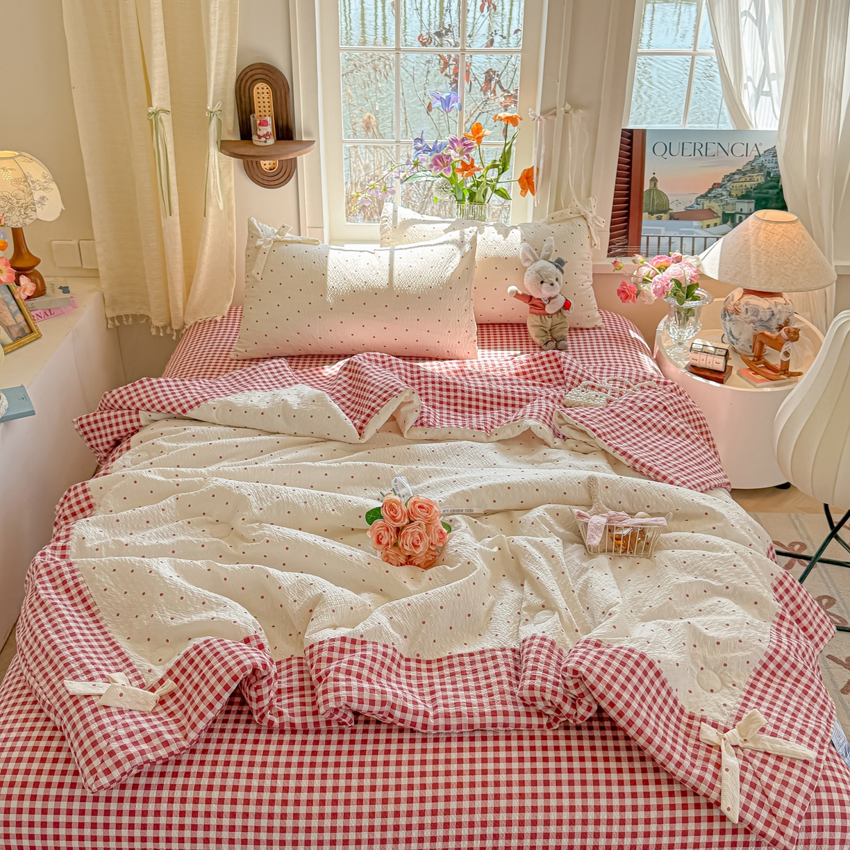 91家纺网 家纺一手货源 找家纺 （总）爱彼家纺 2026春夏新款提花泡芙棉拼角蝴蝶结软乎乎的撸猫感单夏被夏被四件套-甜莓气泡