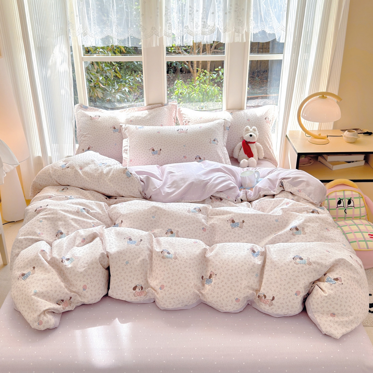 91家纺网 家纺一手货源 找家纺 洺兰家居 2026新款全棉纯棉13070小清新印花四件套 狗狗日记