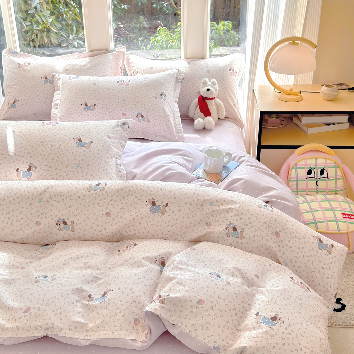 91家纺网 家纺一手货源 找家纺 洺兰家居 2026新款全棉纯棉13070小清新印花四件套 狗狗日记