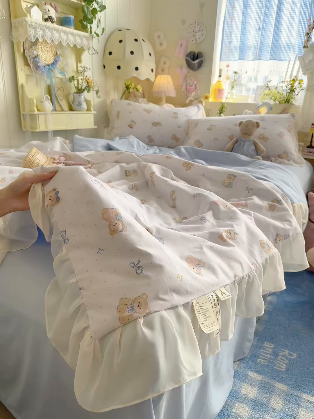 91家纺网 家纺一手货源 找家纺 港岛妹妹 2026新款雪纺花边夏被夏凉被空调被 蓝仔小熊-粉