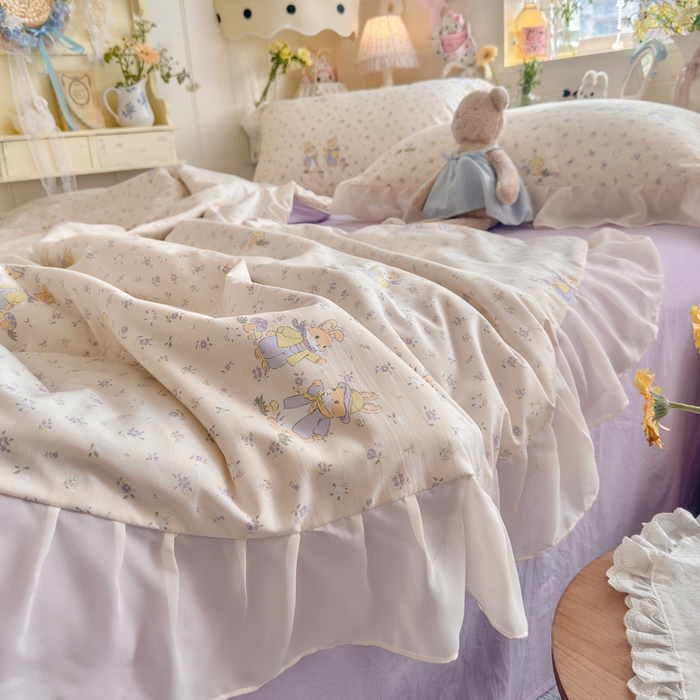 91家纺网 家纺一手货源 找家纺 港岛妹妹 2026新款雪纺花边夏被夏凉被空调被 萌兔花园-米