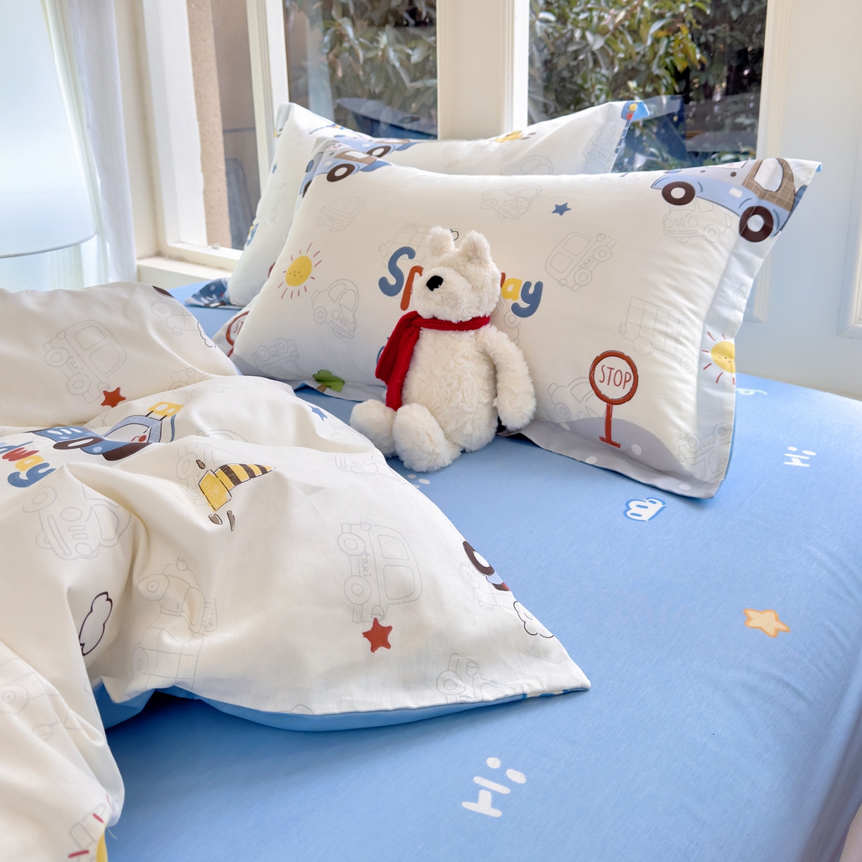 91家纺网 家纺一手货源 找家纺 洺兰家居 2026新款全棉纯棉13070小清新印花四件套 疯狂小汽车