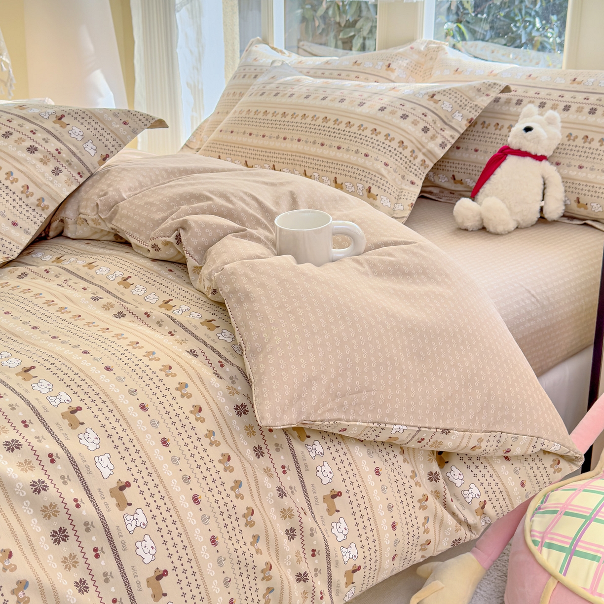 91家纺网 家纺一手货源 找家纺 洺兰家居 2026新款全棉纯棉13070小清新印花四件套 汪星人