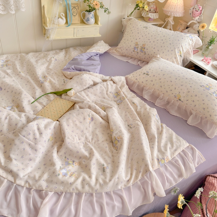 91家纺网 家纺一手货源 找家纺 港岛妹妹 2026新款雪纺花边夏被夏凉被空调被 萌兔花园-米