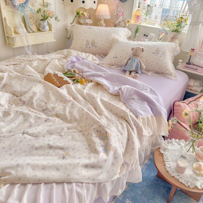 91家纺网 家纺一手货源 找家纺 港岛妹妹 2026新款雪纺花边夏被夏凉被空调被 萌兔花园-米