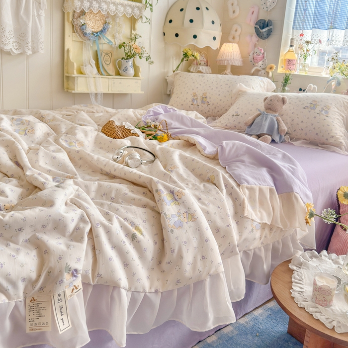 91家纺网 家纺一手货源 找家纺 港岛妹妹 2026新款雪纺花边夏被夏凉被空调被 萌兔花园-米