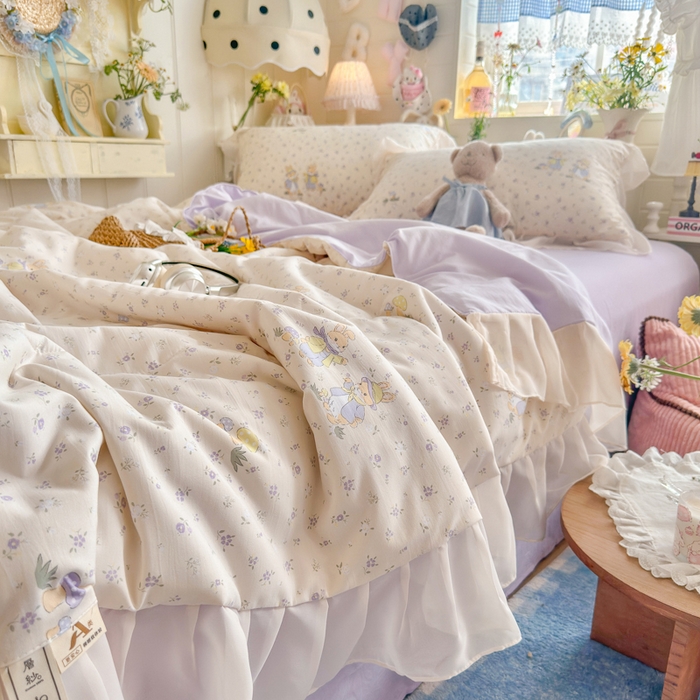 91家纺网 家纺一手货源 找家纺 港岛妹妹 2026新款雪纺花边夏被夏凉被空调被 萌兔花园-米