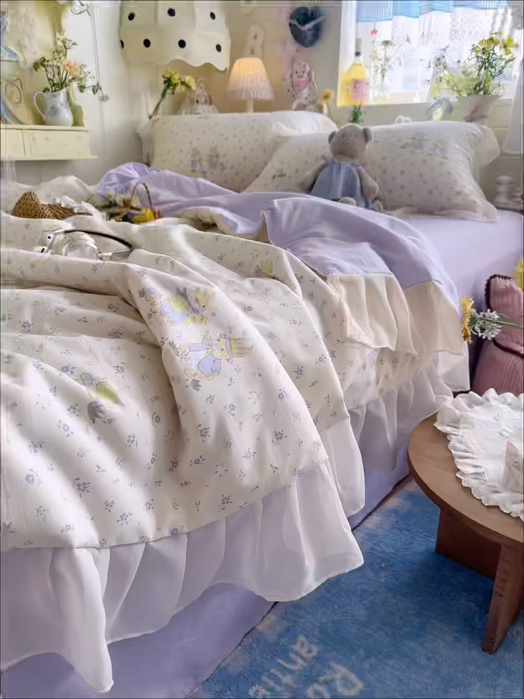 91家纺网 家纺一手货源 找家纺 港岛妹妹 2026新款雪纺花边夏被夏凉被空调被 萌兔花园-米