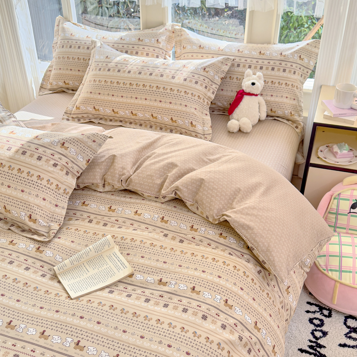 91家纺网 家纺一手货源 找家纺 洺兰家居 2026新款全棉纯棉13070小清新印花四件套 汪星人