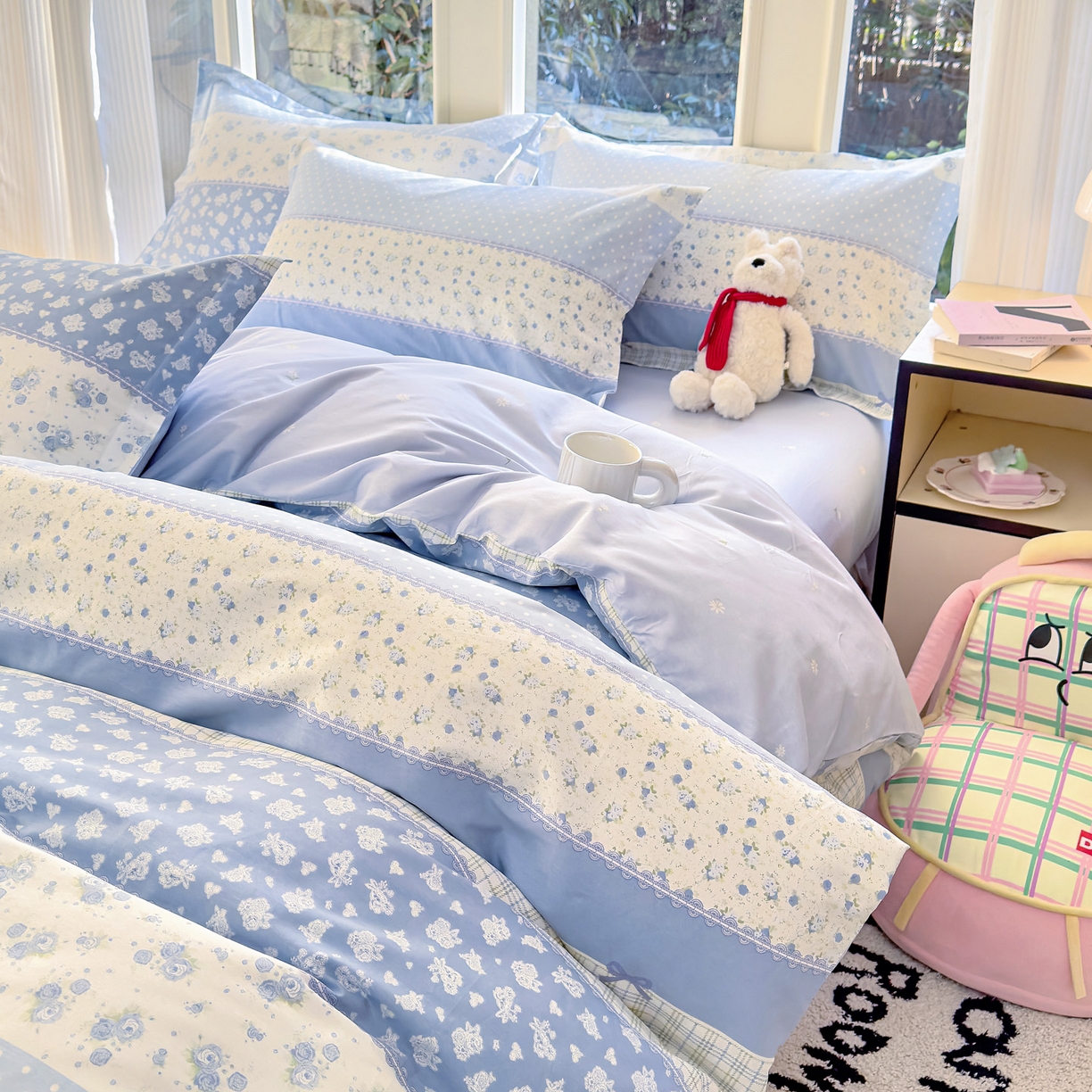 91家纺网 家纺一手货源 找家纺 洺兰家居 2026新款全棉纯棉13070小清新印花四件套 蓝调记忆