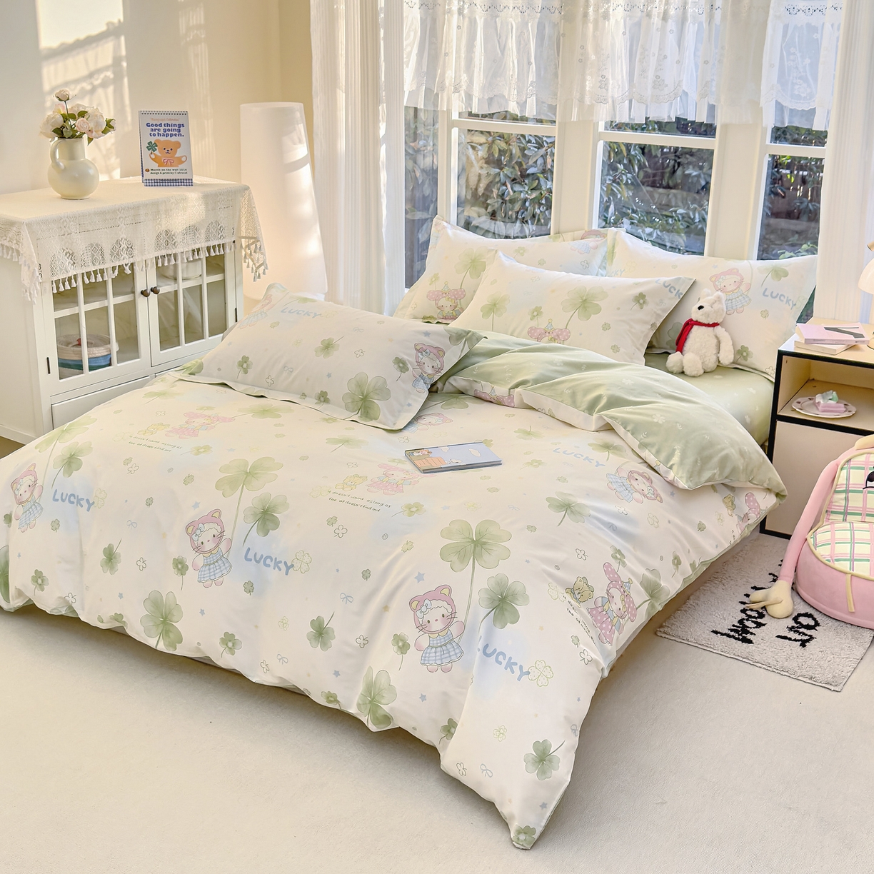 91家纺网 家纺一手货源 找家纺 洺兰家居 2026新款全棉纯棉13070小清新印花四件套 幸运四叶草