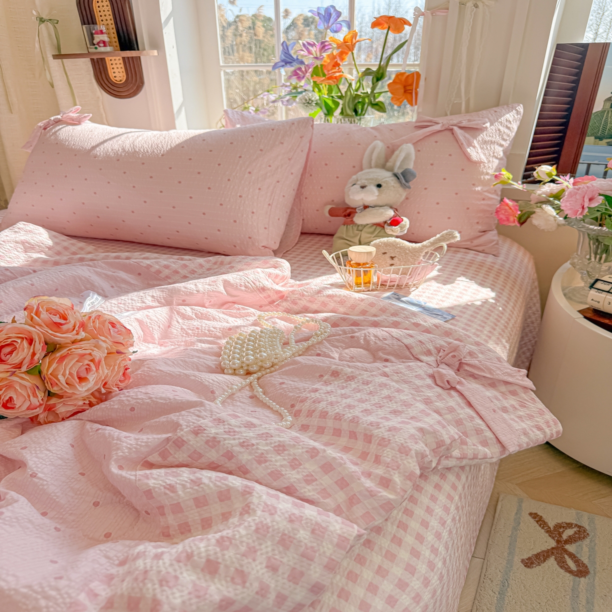 91家纺网 家纺一手货源 找家纺 爱彼家纺 2026春夏新款提花泡芙棉拼角蝴蝶结软乎乎的撸猫感单夏被夏被四件套-甜莓气泡 泡芙夏被-奶粉波点