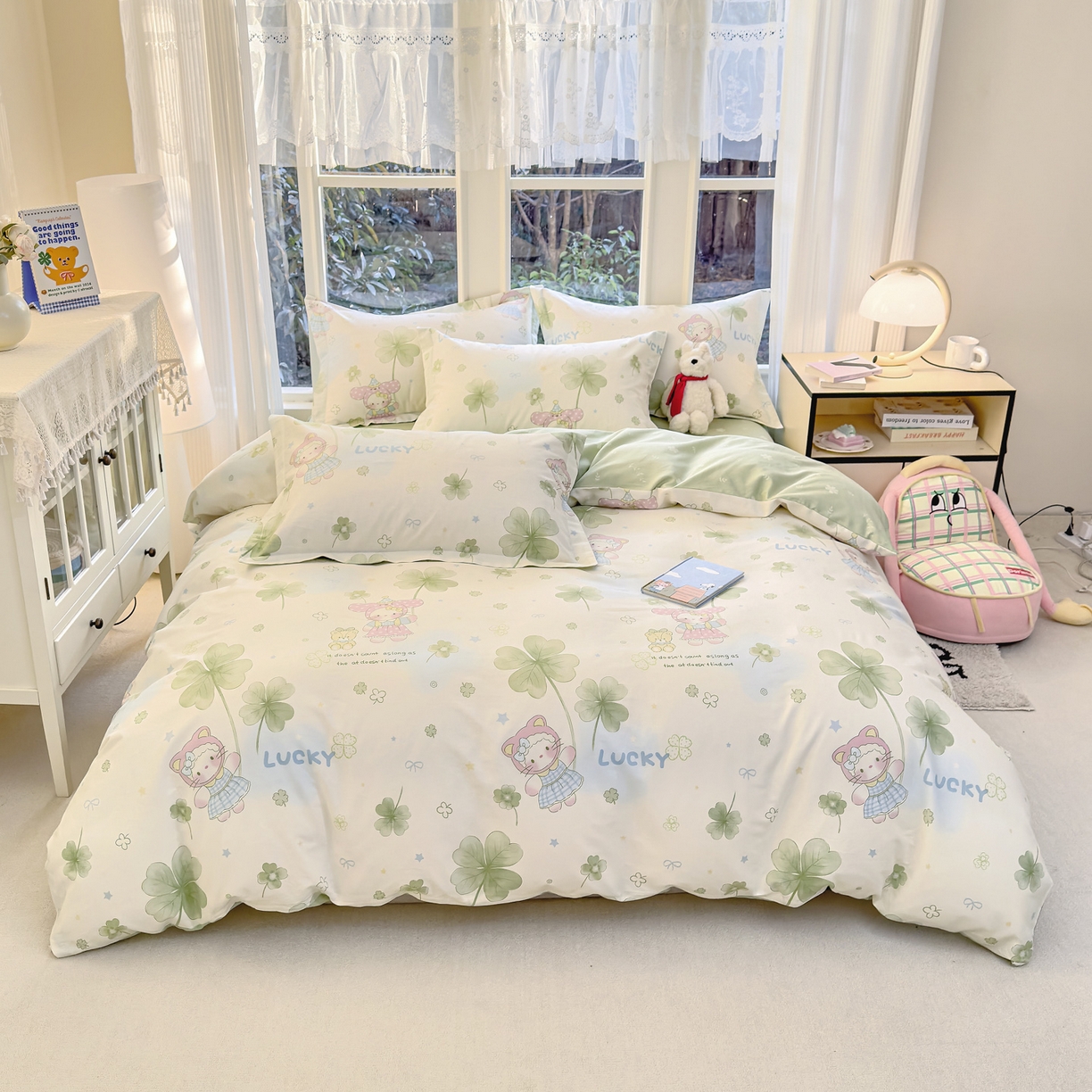 91家纺网 家纺一手货源 找家纺 洺兰家居 2026新款全棉纯棉13070小清新印花四件套 幸运四叶草