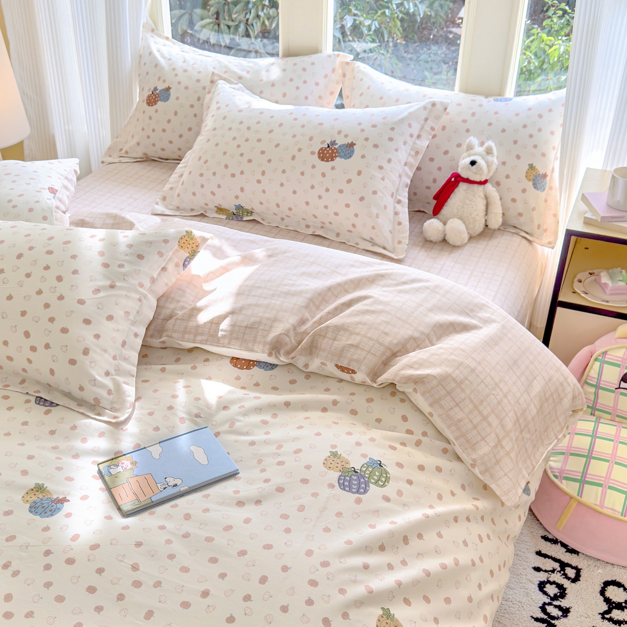 91家纺网 家纺一手货源 找家纺 洺兰家居 2026新款全棉纯棉13070小清新印花四件套 魔幻南瓜