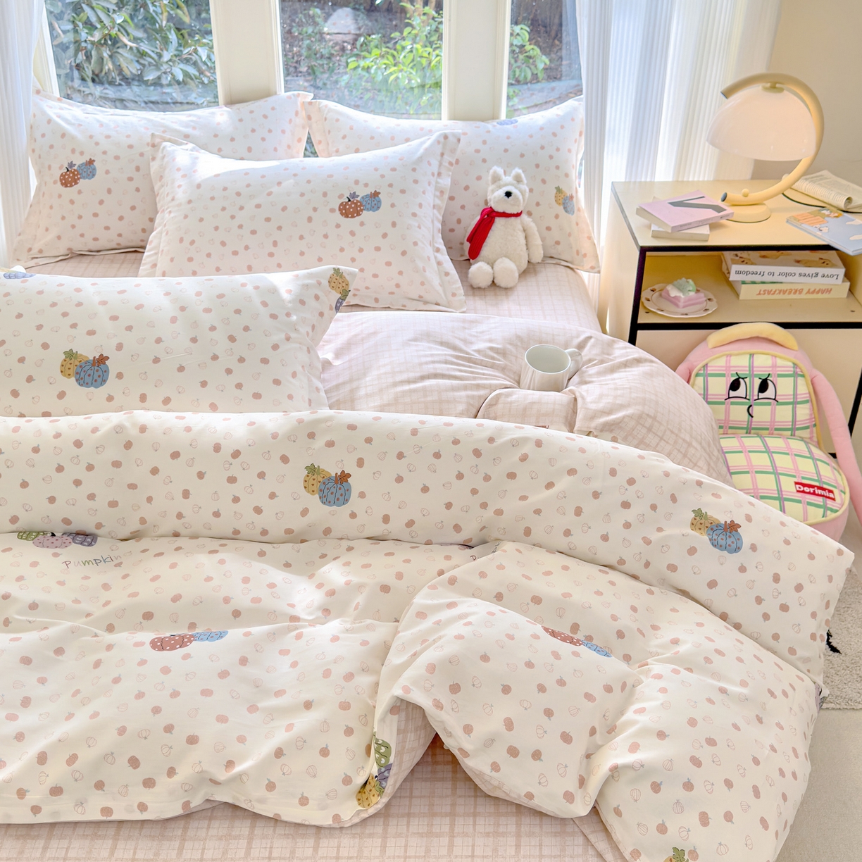 91家纺网 家纺一手货源 找家纺 洺兰家居 2026新款全棉纯棉13070小清新印花四件套 魔幻南瓜