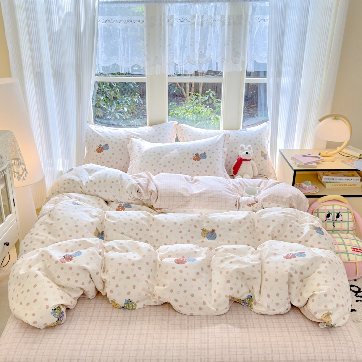 91家纺网 家纺一手货源 找家纺 洺兰家居 2026新款全棉纯棉13070小清新印花四件套 魔幻南瓜