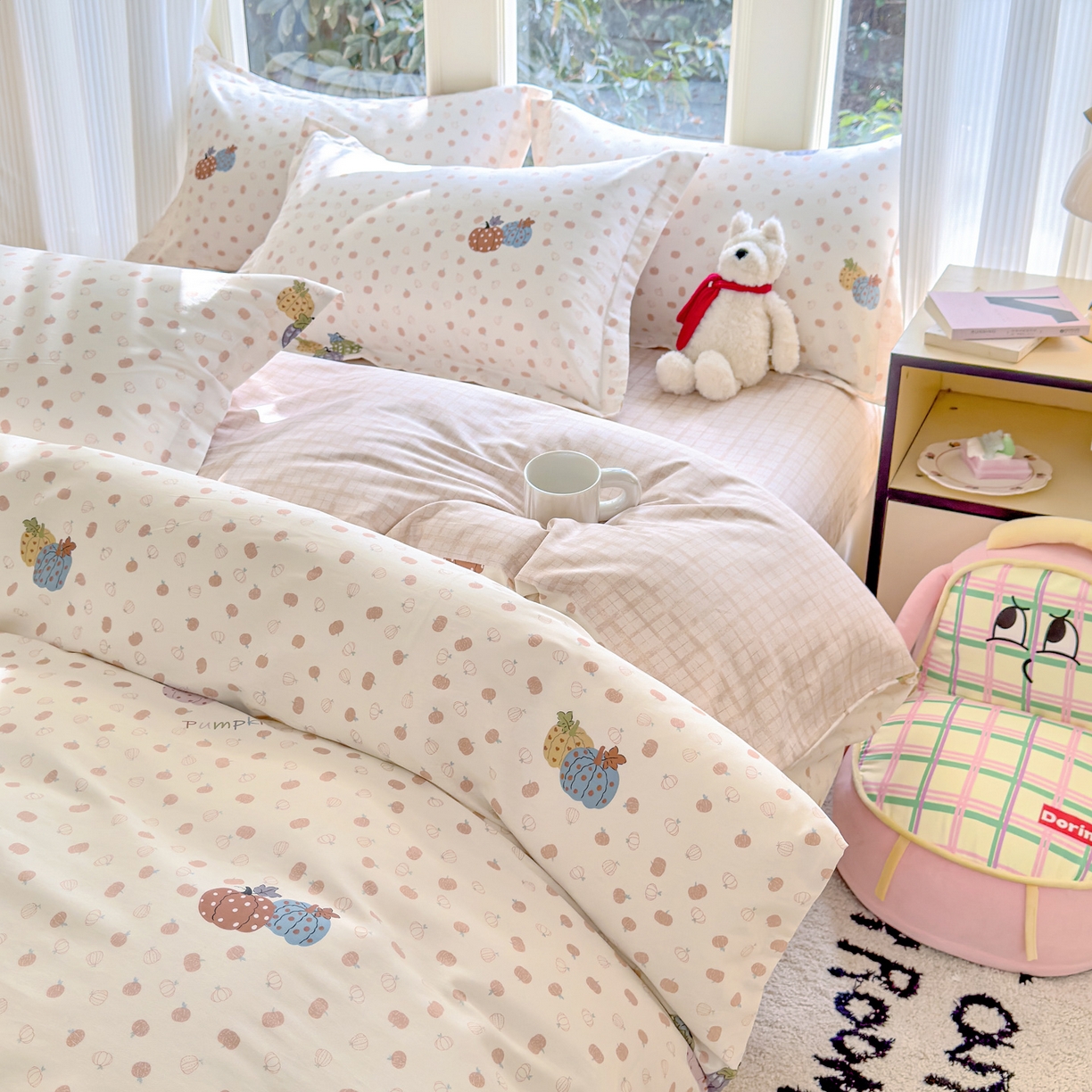 91家纺网 家纺一手货源 找家纺 洺兰家居 2026新款全棉纯棉13070小清新印花四件套 魔幻南瓜