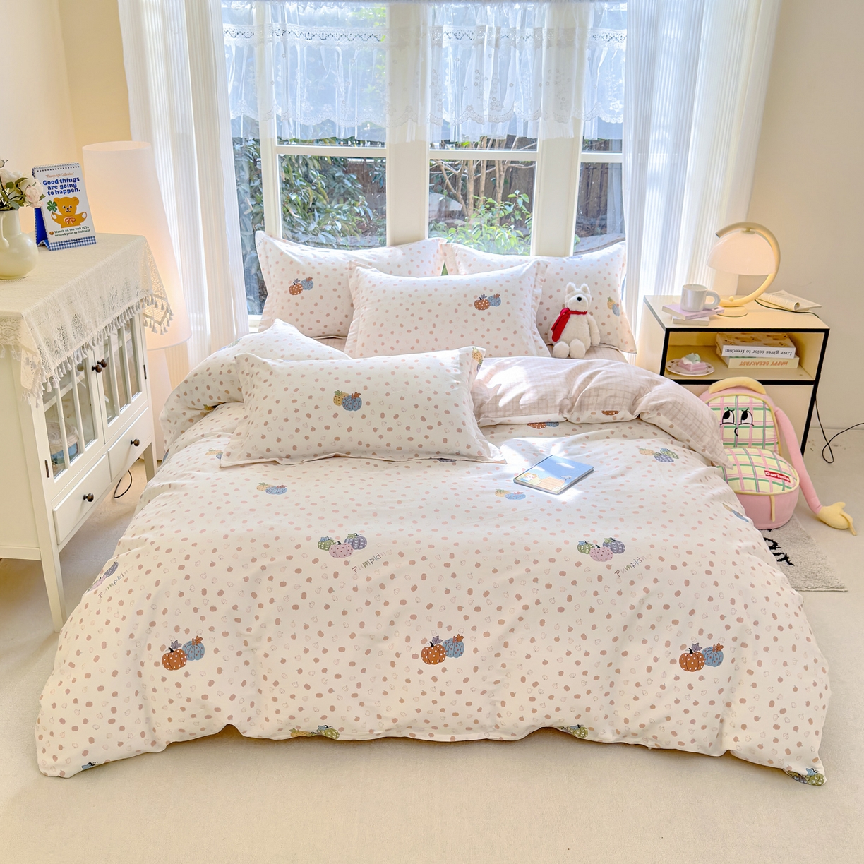 91家纺网 家纺一手货源 找家纺 洺兰家居 2026新款全棉纯棉13070小清新印花四件套 魔幻南瓜