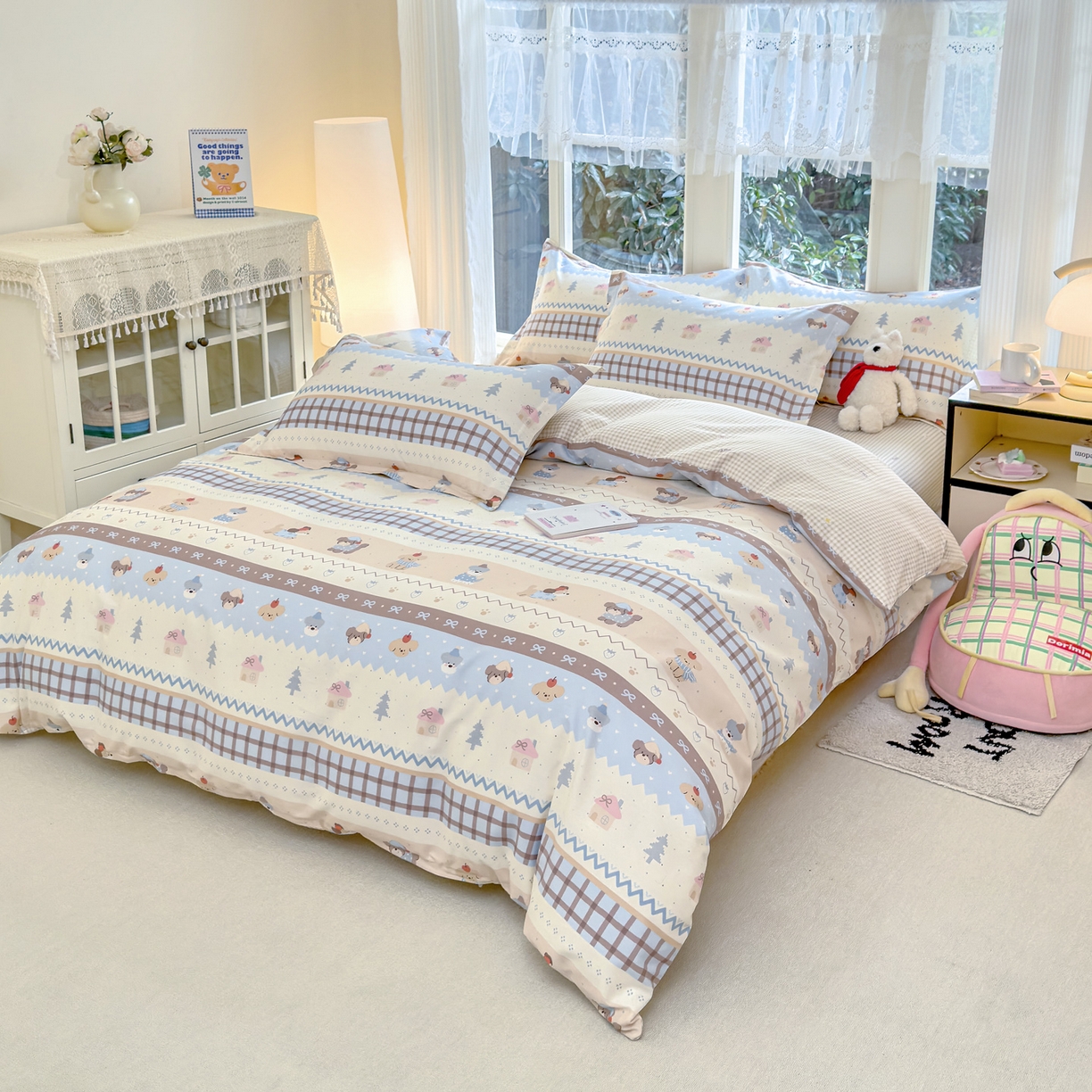 91家纺网 家纺一手货源 找家纺 洺兰家居 2026新款全棉纯棉13070小清新印花四件套 童年派对