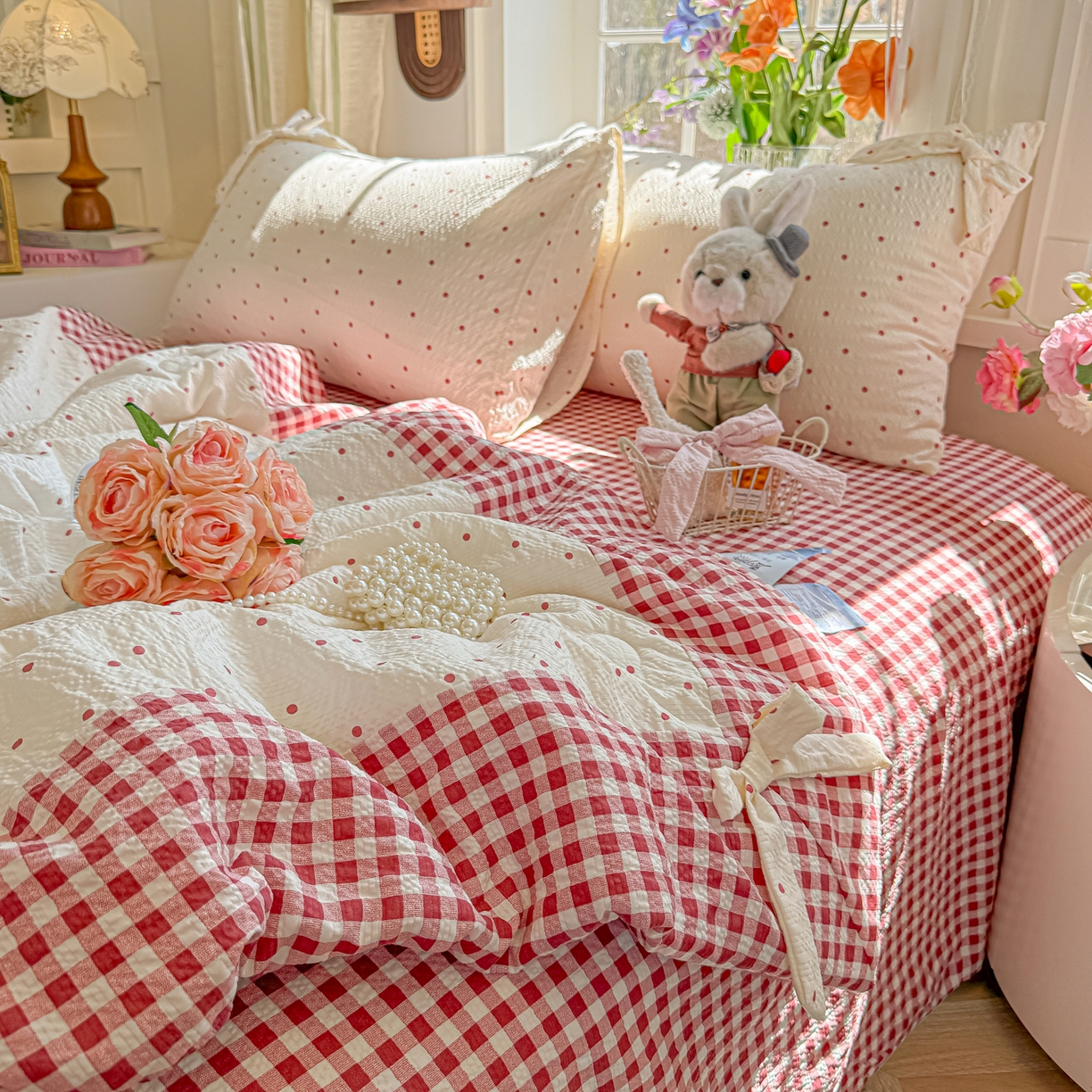 91家纺网 家纺一手货源 找家纺 爱彼家纺 2026春夏新款提花泡芙棉拼角蝴蝶结软乎乎的撸猫感单夏被夏被四件套-甜莓气泡 泡芙夏被--奶红波点