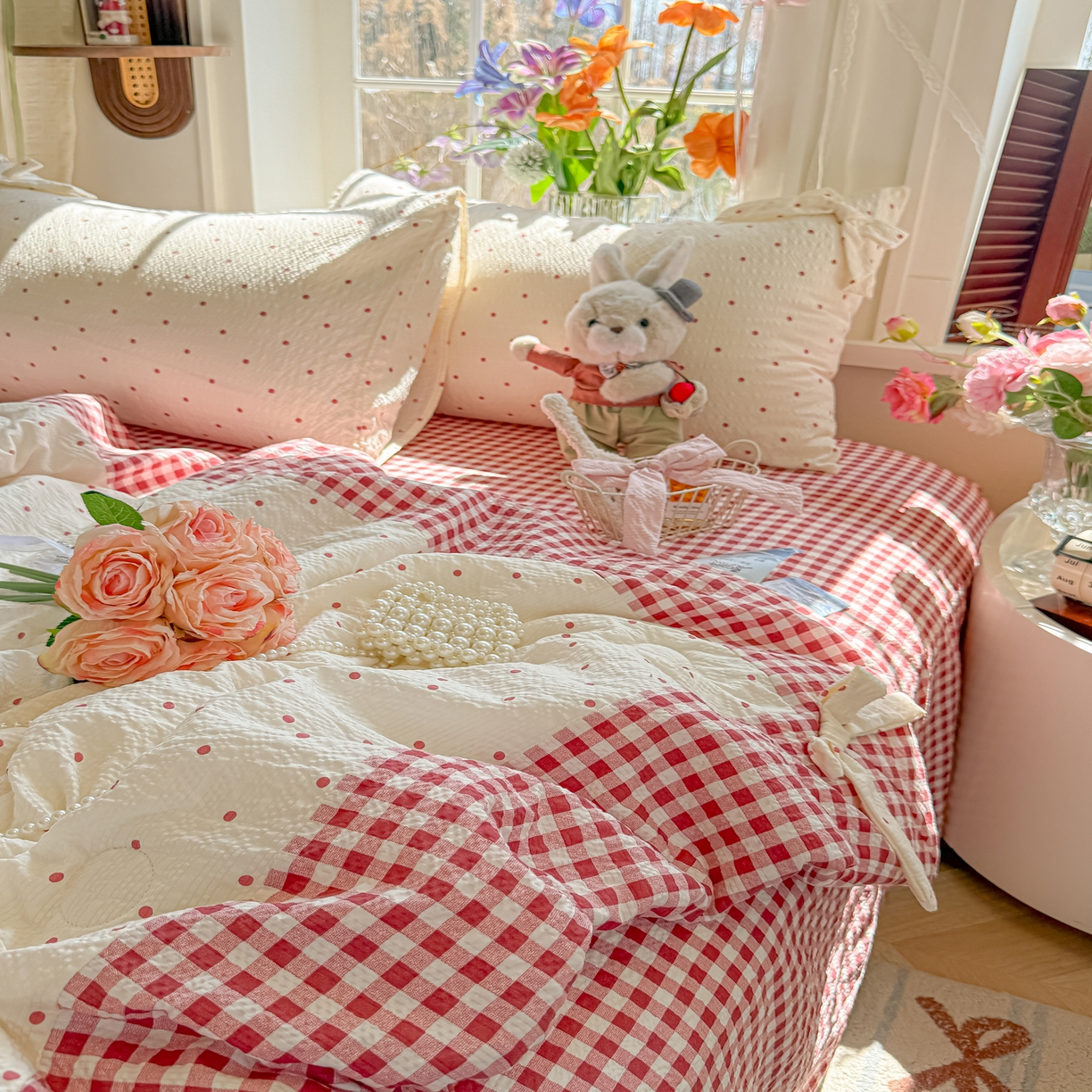 91家纺网 家纺一手货源 找家纺 爱彼家纺 2026春夏新款提花泡芙棉拼角蝴蝶结软乎乎的撸猫感单夏被夏被四件套-甜莓气泡 泡芙夏被--奶红波点