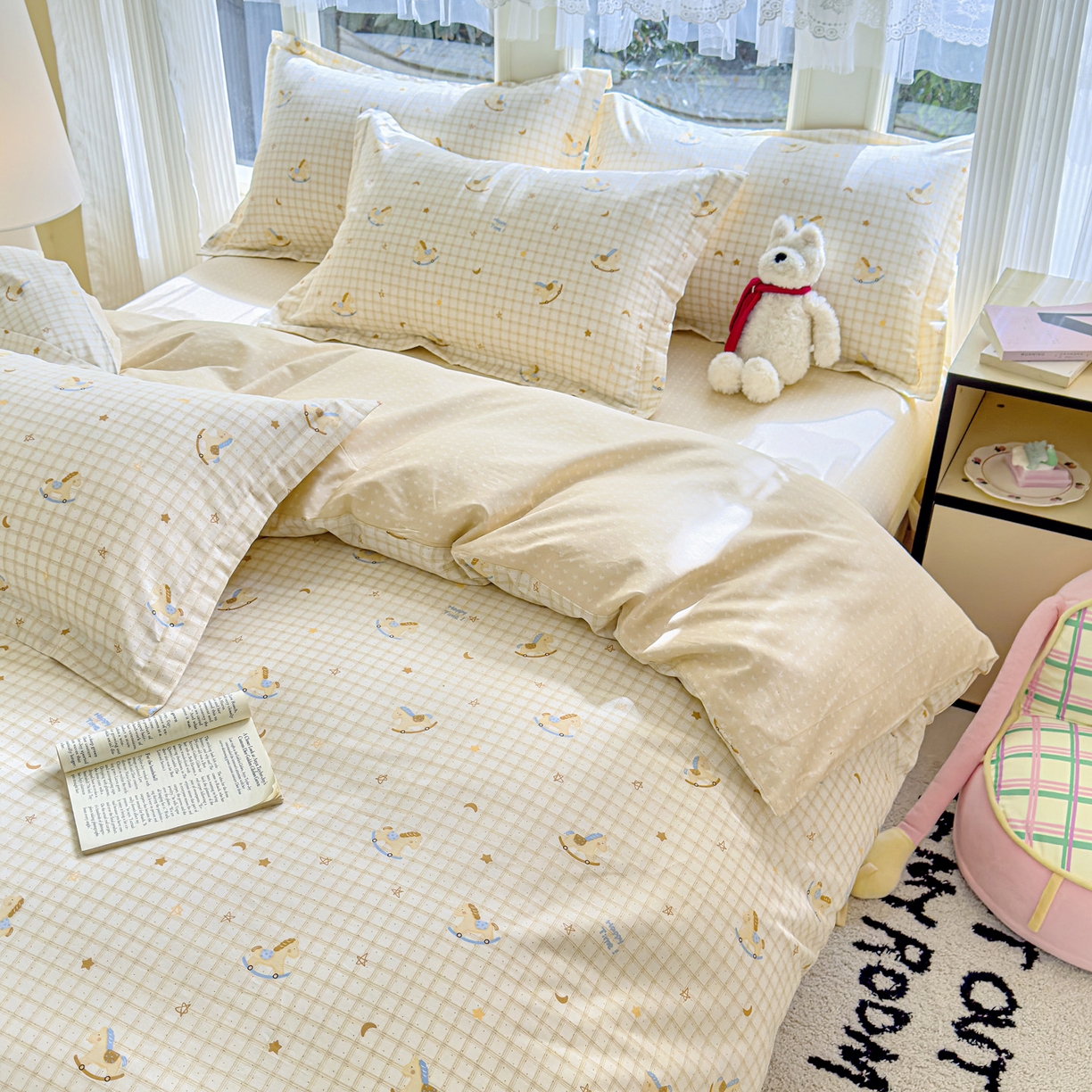 91家纺网 家纺一手货源 找家纺 洺兰家居 2026新款全棉纯棉13070小清新印花单被套被套单件 木马星梦