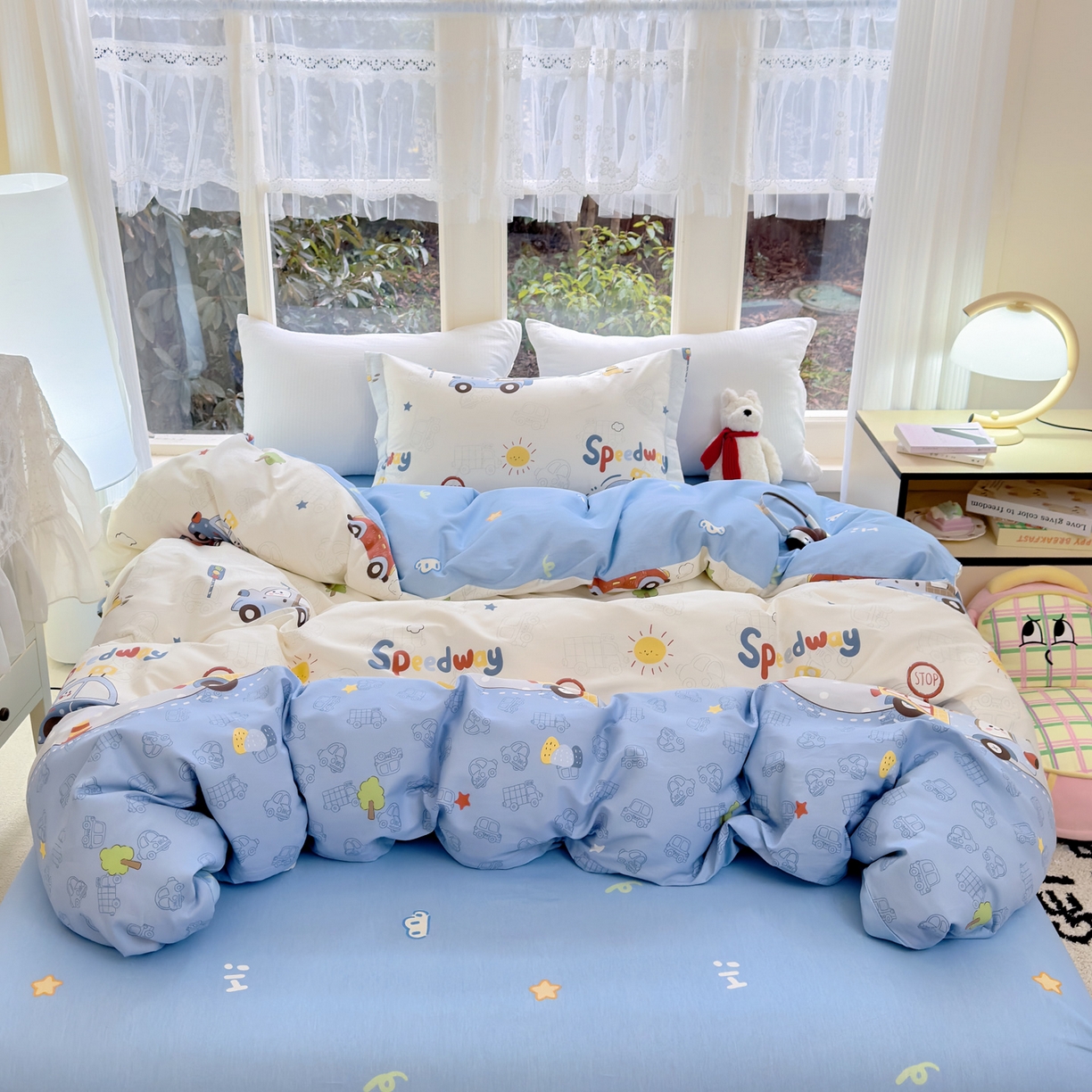 91家纺网 家纺一手货源 找家纺 洺兰家居 2026新款全棉纯棉13070小清新印花单被套被套单件 疯狂小汽车