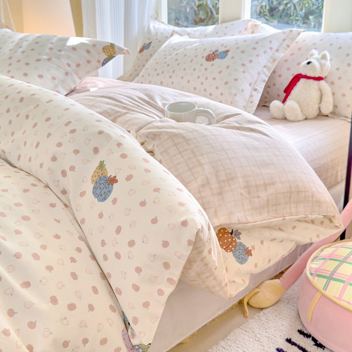 91家纺网 家纺一手货源 找家纺 洺兰家居 2026新款全棉纯棉13070小清新印花单被套被套单件 魔幻南瓜