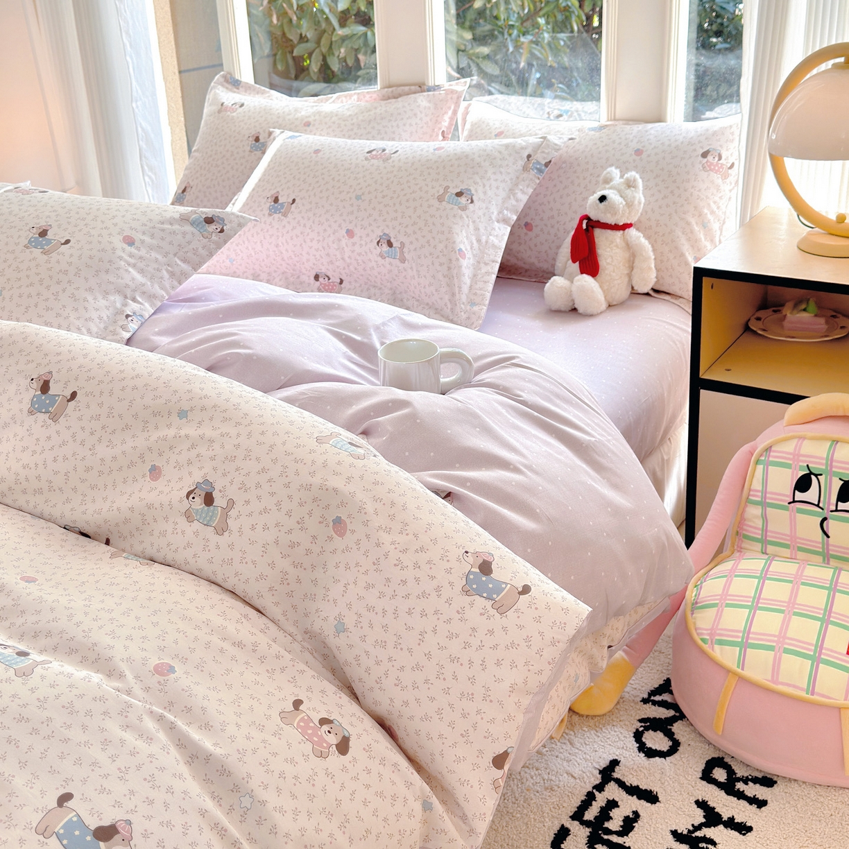 91家纺网 家纺一手货源 找家纺 洺兰家居 2026新款全棉纯棉13070小清新印花单被套被套单件 狗狗日记