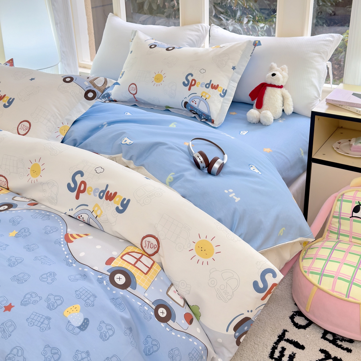 91家纺网 家纺一手货源 找家纺 洺兰家居 2026新款全棉纯棉13070小清新印花单被套被套单件 疯狂小汽车