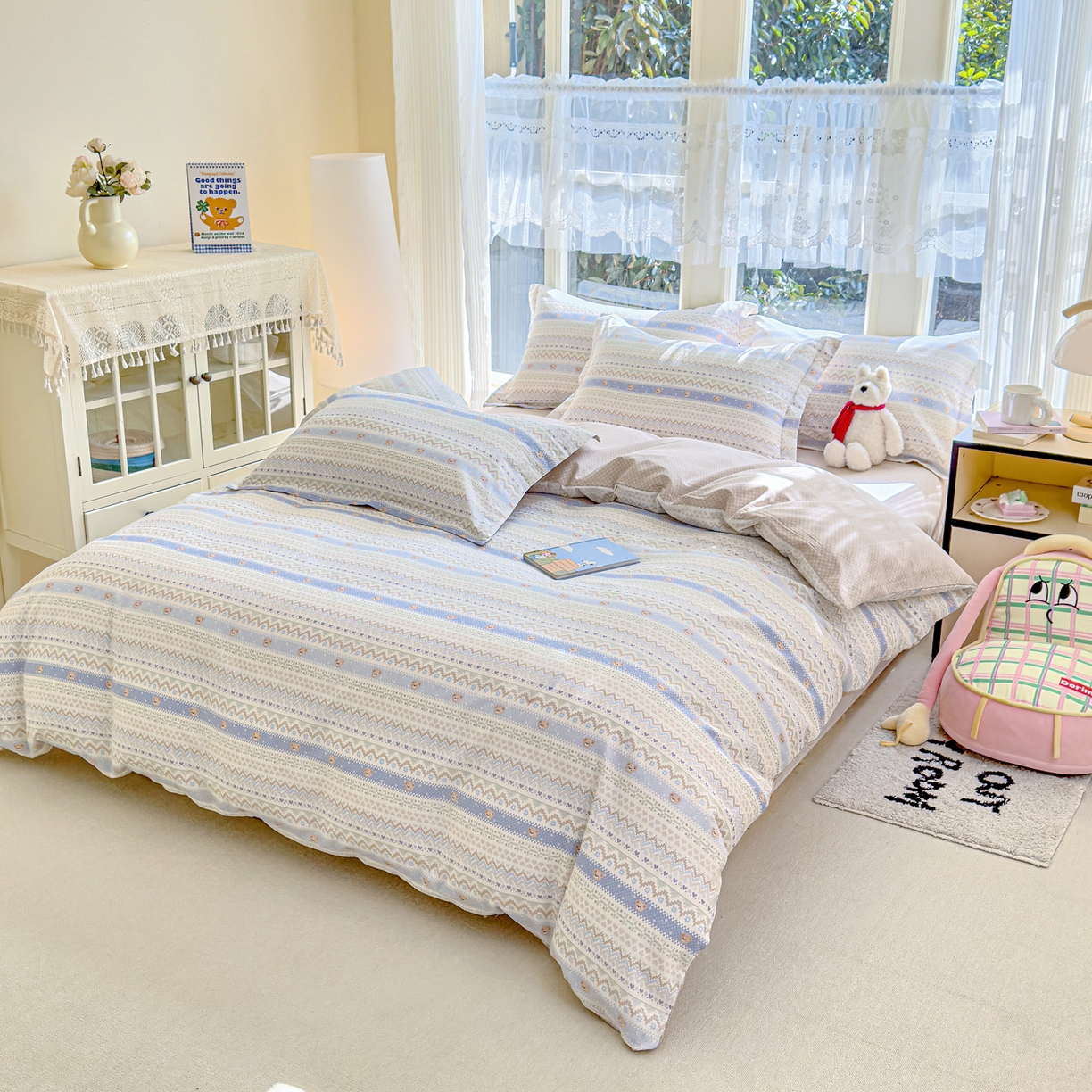 91家纺网 家纺一手货源 找家纺 洺兰家居 2026新款全棉纯棉13070小清新印花单被套被套单件 格纹小熊