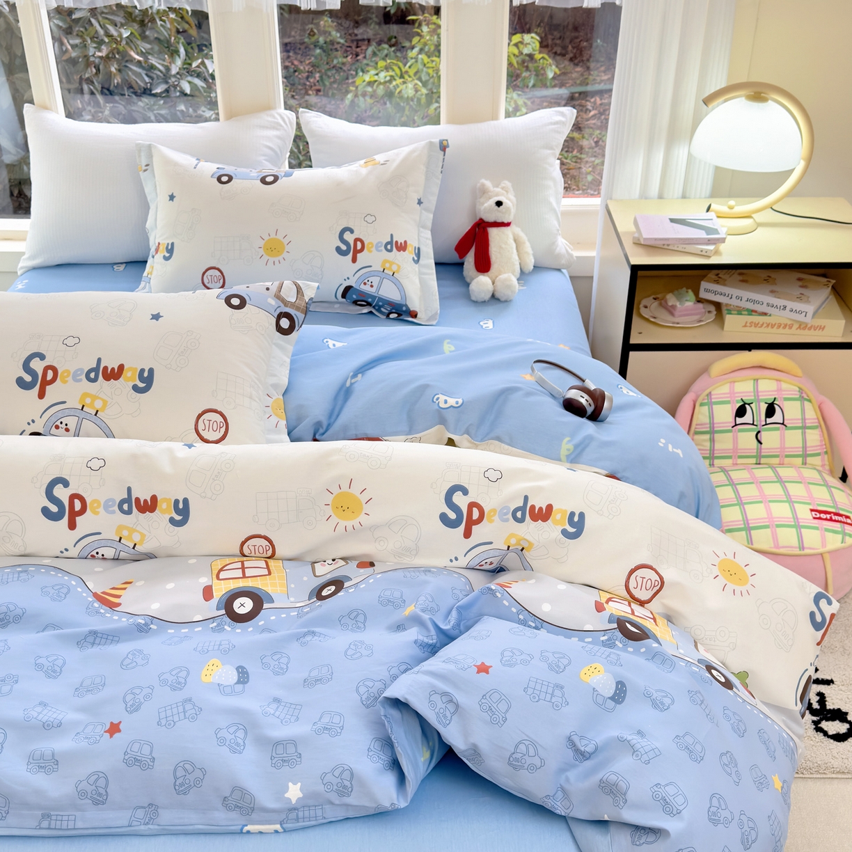 91家纺网 家纺一手货源 找家纺 洺兰家居 2026新款全棉纯棉13070小清新印花单被套被套单件 疯狂小汽车