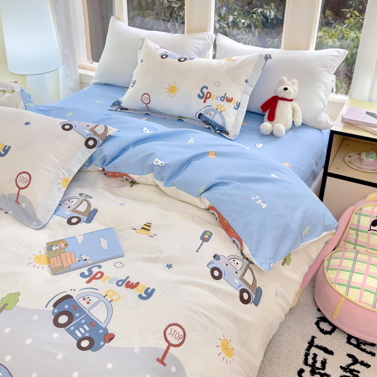 91家纺网 家纺一手货源 找家纺 洺兰家居 2026新款全棉纯棉13070小清新印花单被套被套单件 疯狂小汽车