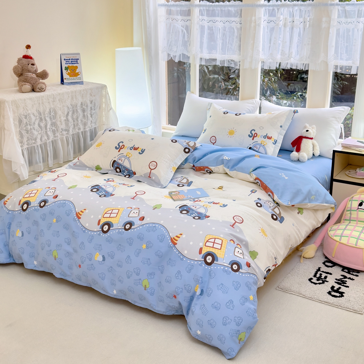 91家纺网 家纺一手货源 找家纺 洺兰家居 2026新款全棉纯棉13070小清新印花单被套被套单件 疯狂小汽车