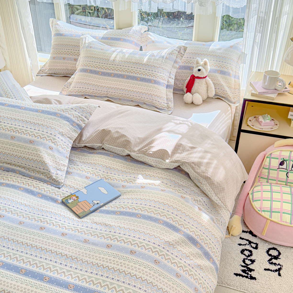 91家纺网 家纺一手货源 找家纺 洺兰家居 2026新款全棉纯棉13070小清新印花单被套被套单件 格纹小熊