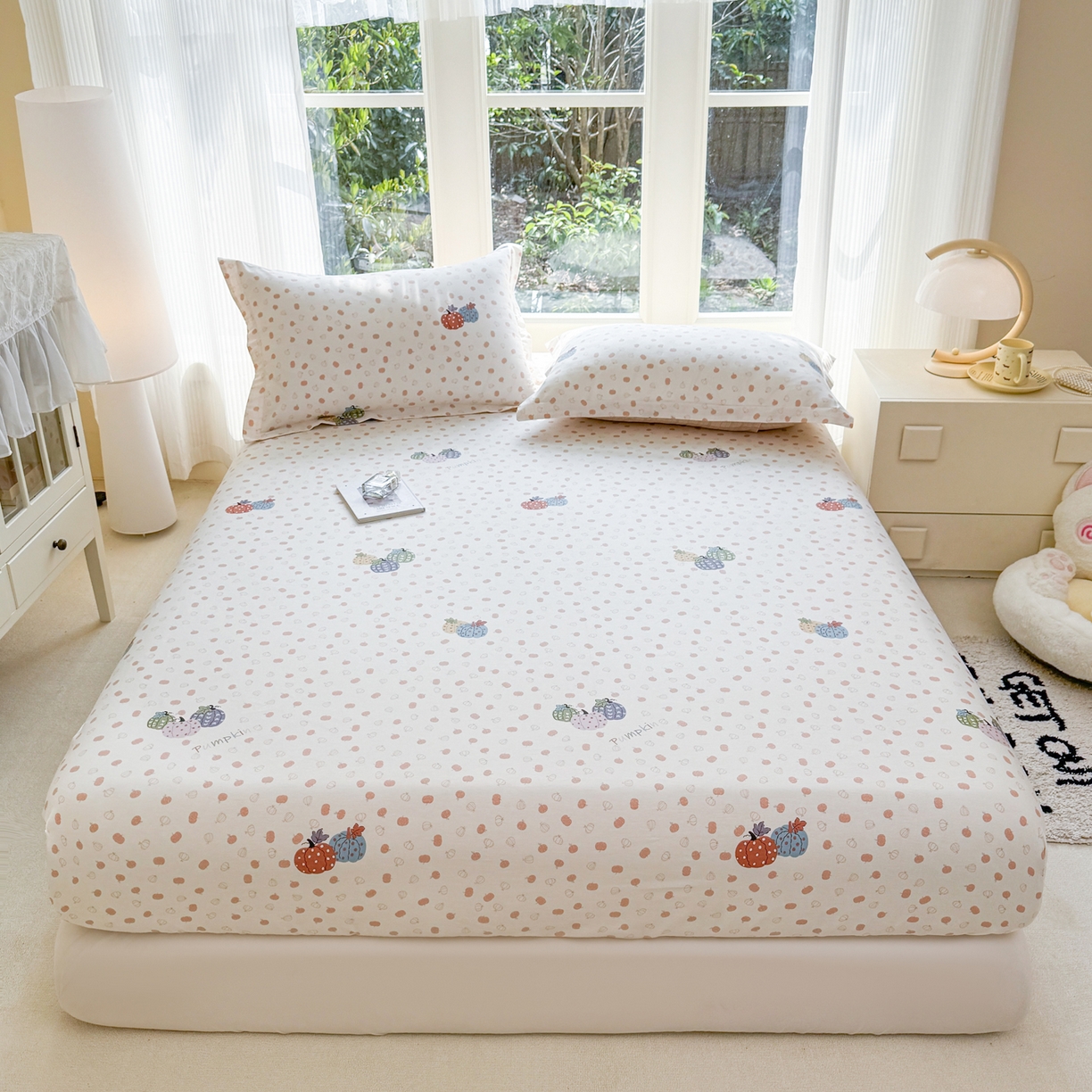 91家纺网 家纺一手货源 找家纺 洺兰家居 2026新款全棉纯棉13070小清新印花单床笠床笠单件 魔幻南瓜