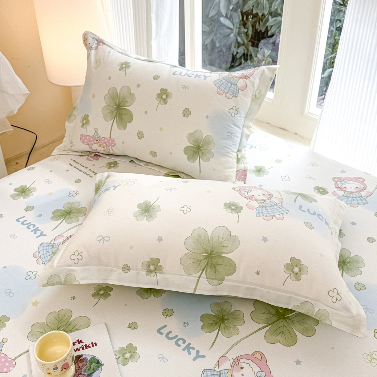 91家纺网 家纺一手货源 找家纺 洺兰家居 2026新款全棉纯棉13070小清新印花单床笠床笠单件 幸运四叶草